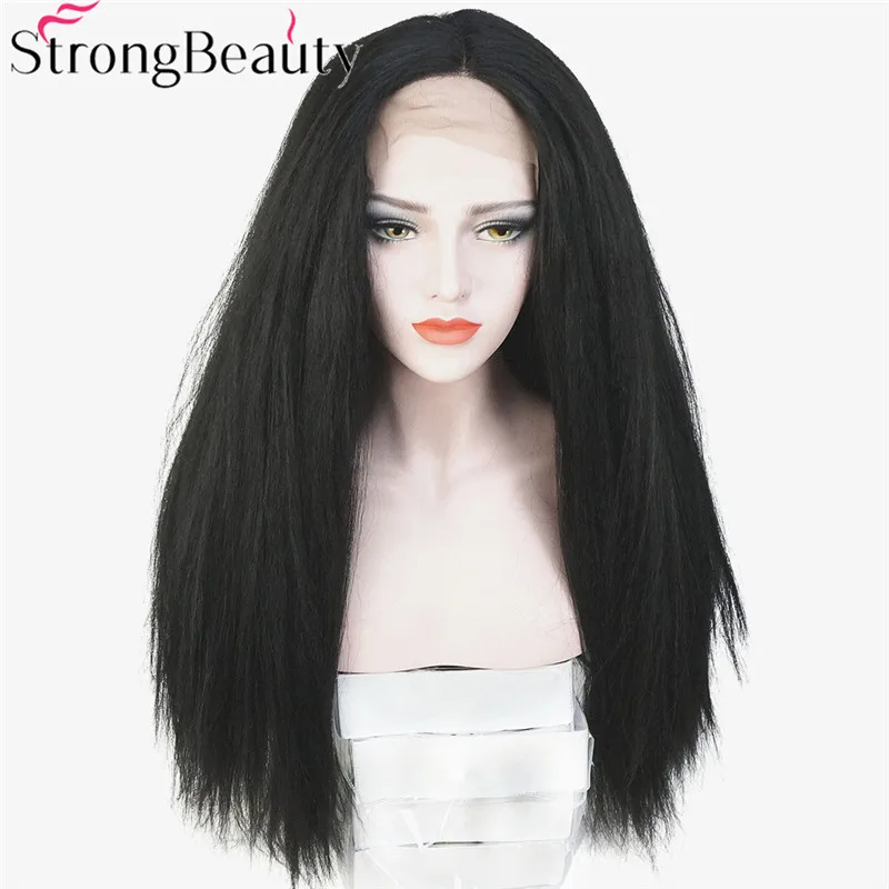 Strongbeauty Длинные Яки прямой черный парик синтетические высокая плотность термостойкие Синтетические волосы на кружеве черный парик