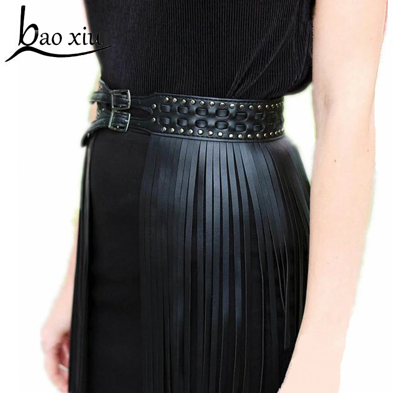 

New Fashion black long fringed belt brand Designer for Women Faux Leather Tassel waist strap weave double buckle high quality