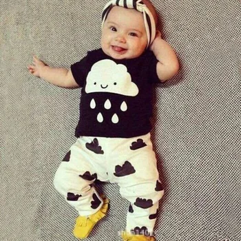

Black White Rain Baby Boys Clothes Suit Children Sport Suit Short Sleeve Kids Summer T-Shirt Pant Set Bebe Clothing Girls Cotton