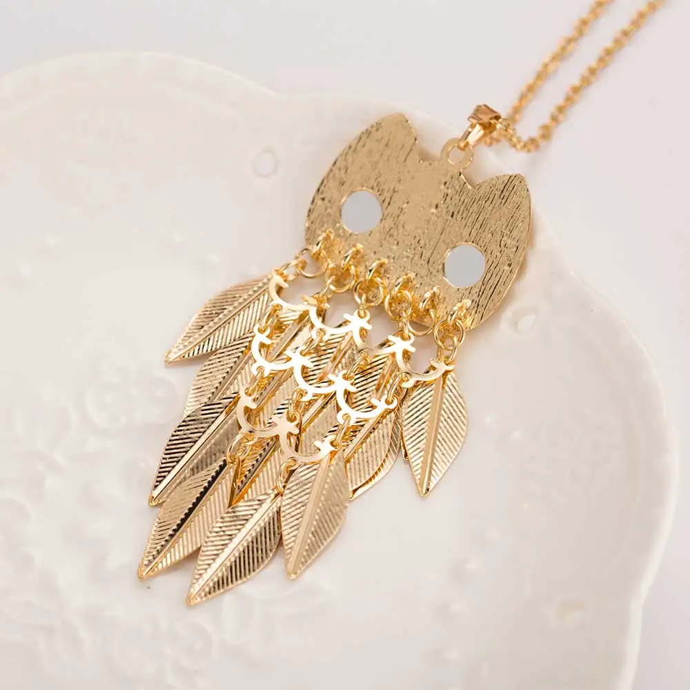 Новая модная стильная цепочка с подвеской в виде совы золотыми листьями длинное