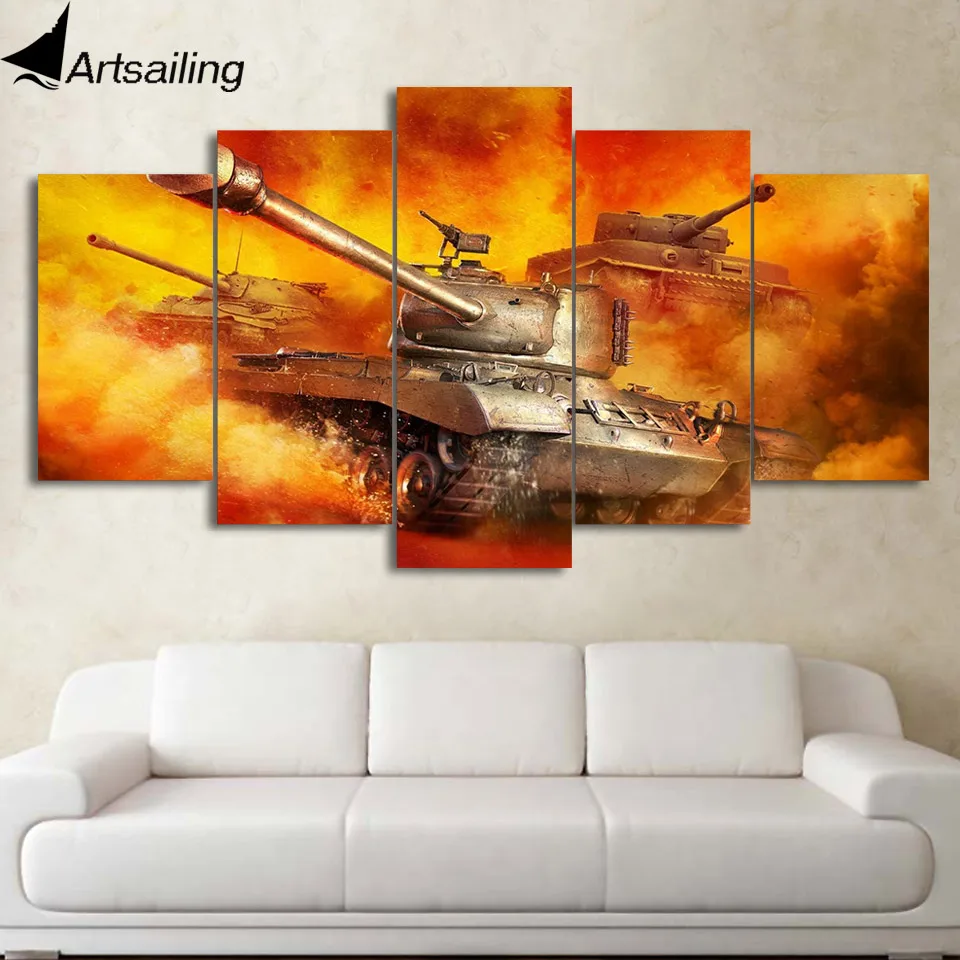 ArtSailing 5 panel wall art on canvas Burning Fire tank Modular modern