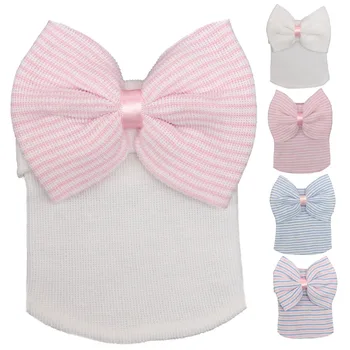 

Hospital Newborn Hat Baby Girl Cotton Beanie With Bow Newborn Soft Knit Infant Striped Caps children autumn and winter cute cap