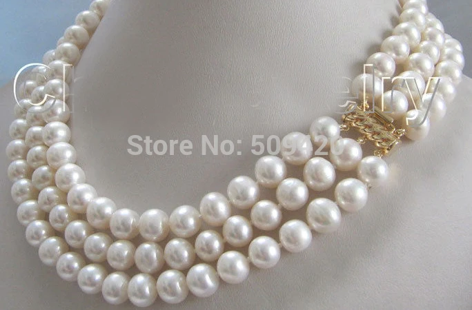

~~ Free Shipping >>AA 17-19 " 3row 9mm natural white round freshwater pearl necklace
