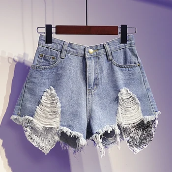 

plus size 4XL 5XL sequined women shorts solid blue loose wide leg sexy lady pockets female hot shorts top quality