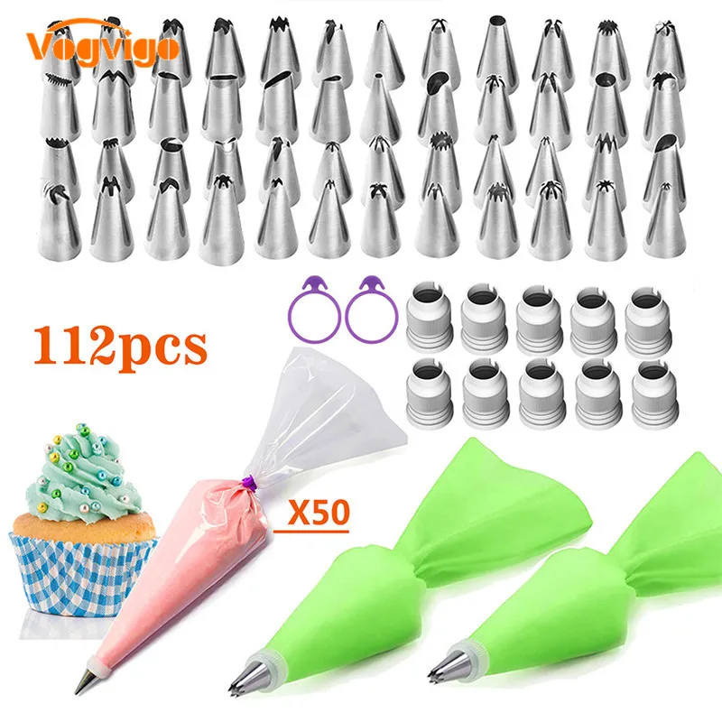 

112PCS/SET Silicone DIY Icing Piping Cream Pastry Bags + 48PCS Nozzle Tips Set Cake Decorating Tools Mould + Coupler Converter