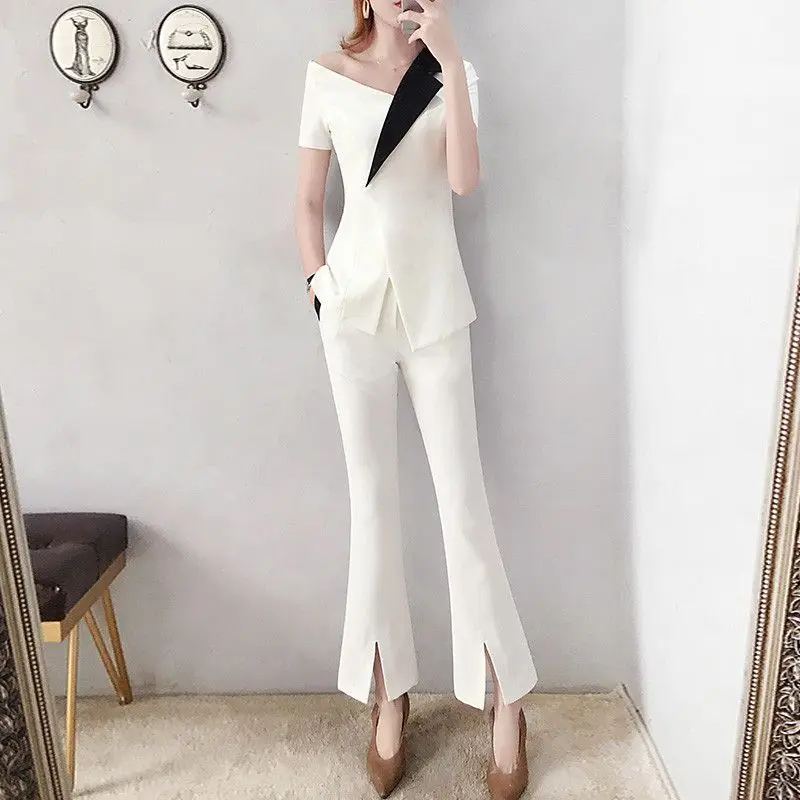 

2019 Summer Women Elegant Two Piece Set Female Tops And Long Flare Pants Suits Feminino Casual OL Slim Tracksuit Clothes F110
