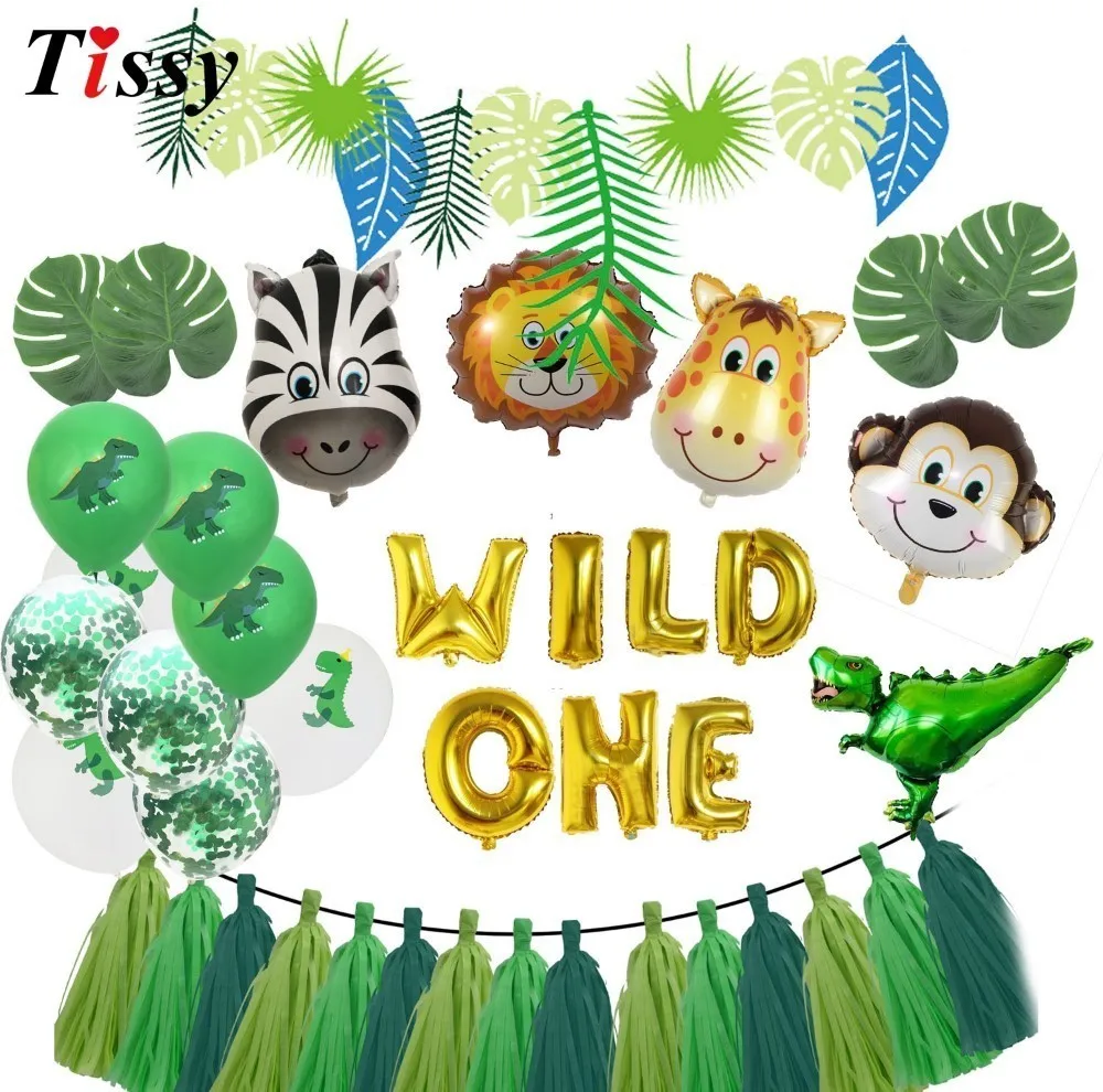 1 комплект с изображением животных из джунглей тема и надписью «Wild One» Happy плакат "с днем рождения" Фольга воздушные цифры подарок для детей Детская Игрушка В ванную День рождения расходные материалы