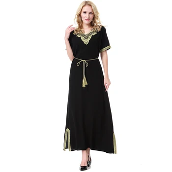 

Women Summer Muslim Dress V Neck Short Sleeve Arabic Plus Size 3XL Islamic Clothing Robe Moroccan Embroidery Vintage Dress