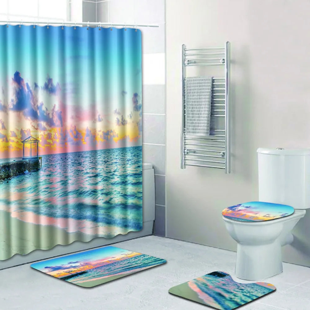 

4PCS Bathroom Bath Mat Set Toilet Rugs Anti Slip Bathroom Carpets Non Slip Toilet Polyester Cover Mat Bathroom Shower Curtain
