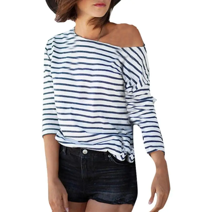 Fashion Off Shoulder Stripes Long Sleeve T-Shirts