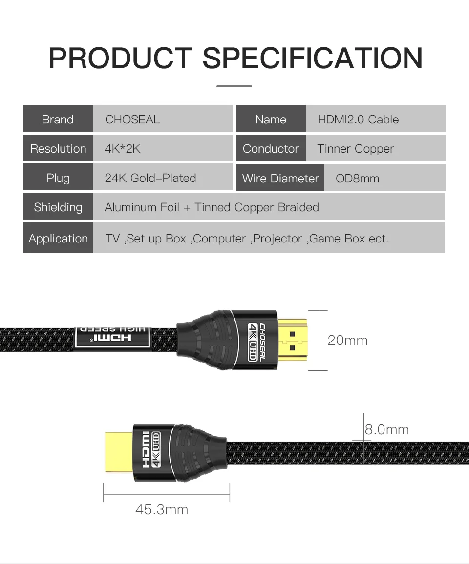 CHOSEAL 4K HDMI кабель высокоскоростной 18 Гбит/с HDMI 2,0 кабель 3D 4K* 2K 60 Гц HDMI шнур для Apple tv UHD tv Blu-Ray Xbox PS4/3 шт