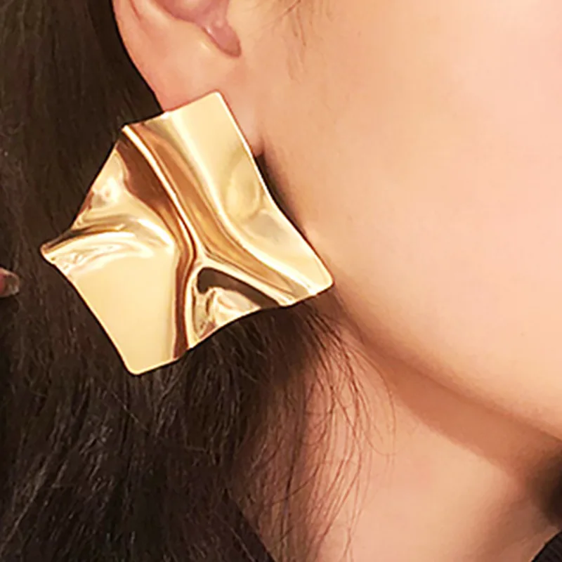 Exaggerated Brand Gold Color Irregular Square Shiny Metal Big Drop Earrings Women Rhombus Punk Ear Party Jewelry