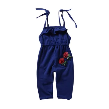 

Hot style blue jean Ruffle baby jumpsuit girl's embroidered halter jumpsuit rose flower fashion jumpsuit Free Shipping RM042
