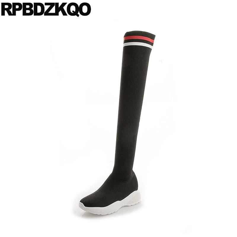 

Long Pointed Toe Casual Boots Sock Thigh High Black Luxury Brand Shoes Women Tall Over The Knee 2018 Knit Slim Slip On Stretch