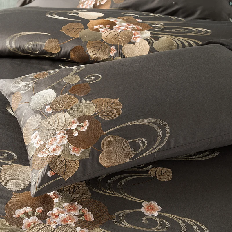 Egyptian Cotton Embroidery Luxury Oriental Bedding set King Queen size Bed set Coffee Bule Duvet cover Bedsheet parrure de lit