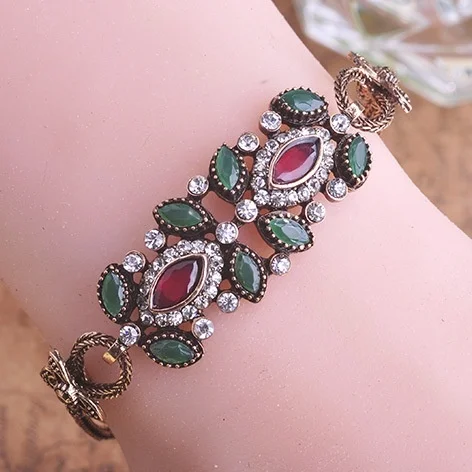 

Vintage Green Branch Flower Bangles Antique Plated Red Water Drop Resin Women Bangle Bracelets Hand Crystal Turkish Jewelry