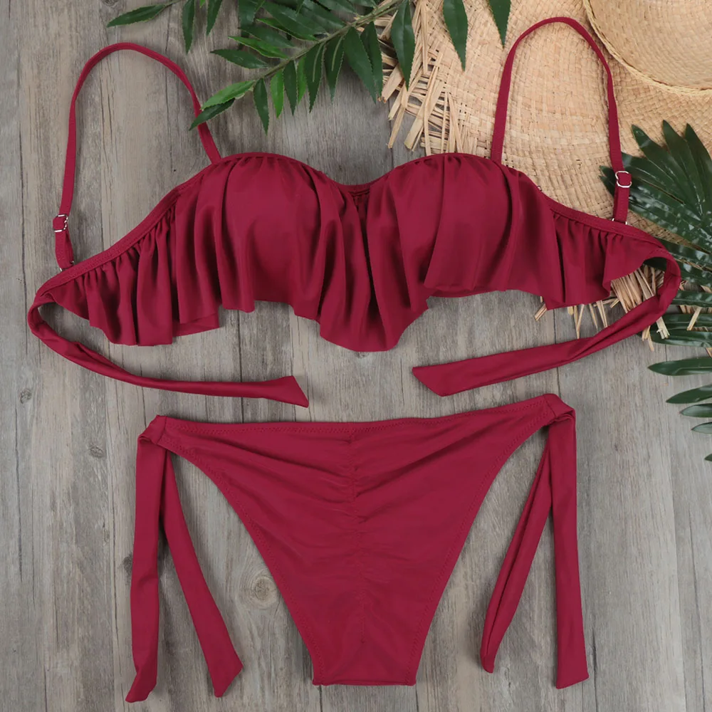 

2019 New Design Solid Swimsuit Female Scrunch Butt Bikini Wrinkled Swimming Suit Underwear Set Swimwear for women Bathing Suit