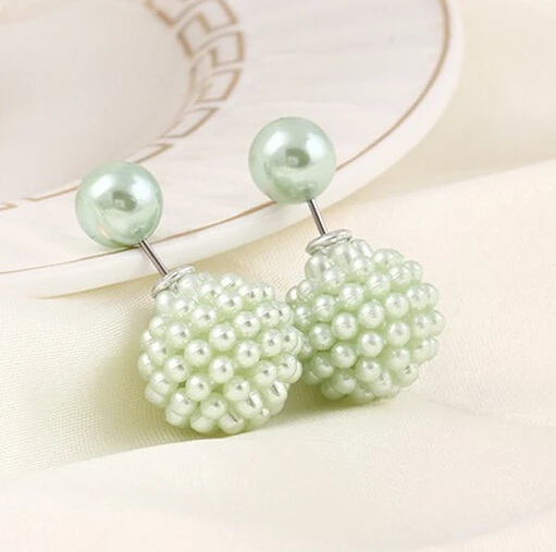 Fashion Hot Selling Women Light Green Pearl Beads Double Sided Two Ball Earrings Ear Studs Jewelry Silver Plated Free Ship |