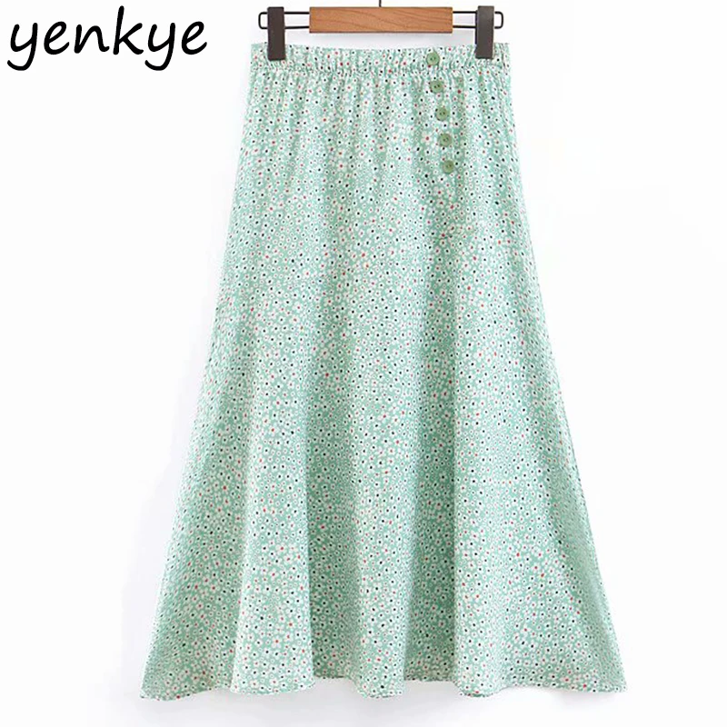 

Sweet Floral Print Skirts Womens Front Button A-line Midi Elastic High Waist Skirt faldas mujer moda 2019 XLWM2131