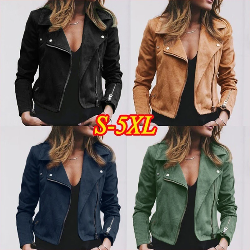 Women's Fashionable Clothes 2019 Spring Moto Suede Nap Jacket Oversize 5XL Cropped Longsleeve Coat Female Biker Jackets