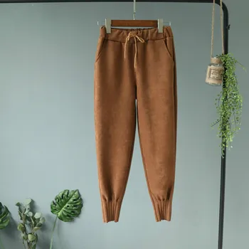 

Autumn Girls Lace Up High Waist Suede Jogger Pencil Pants Pocket Casual Carrot Cargo Pants Plus Size Women Trousers Solid Color
