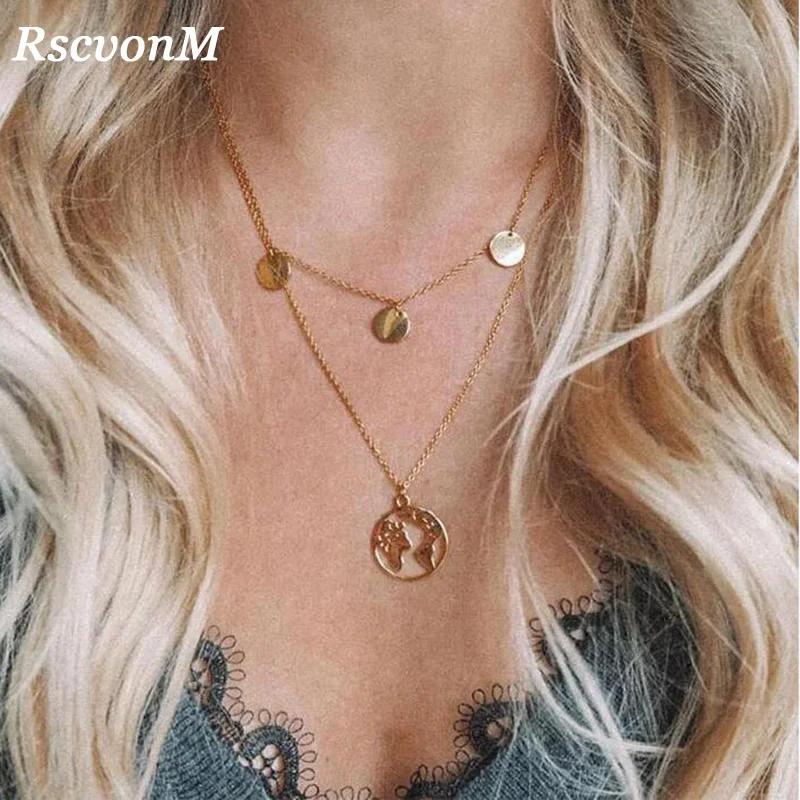 

New Simple Gold Coin Layered Map Choker Necklace For Women Multi Layer Chocker Necklaces Pendants collar collier femme collares