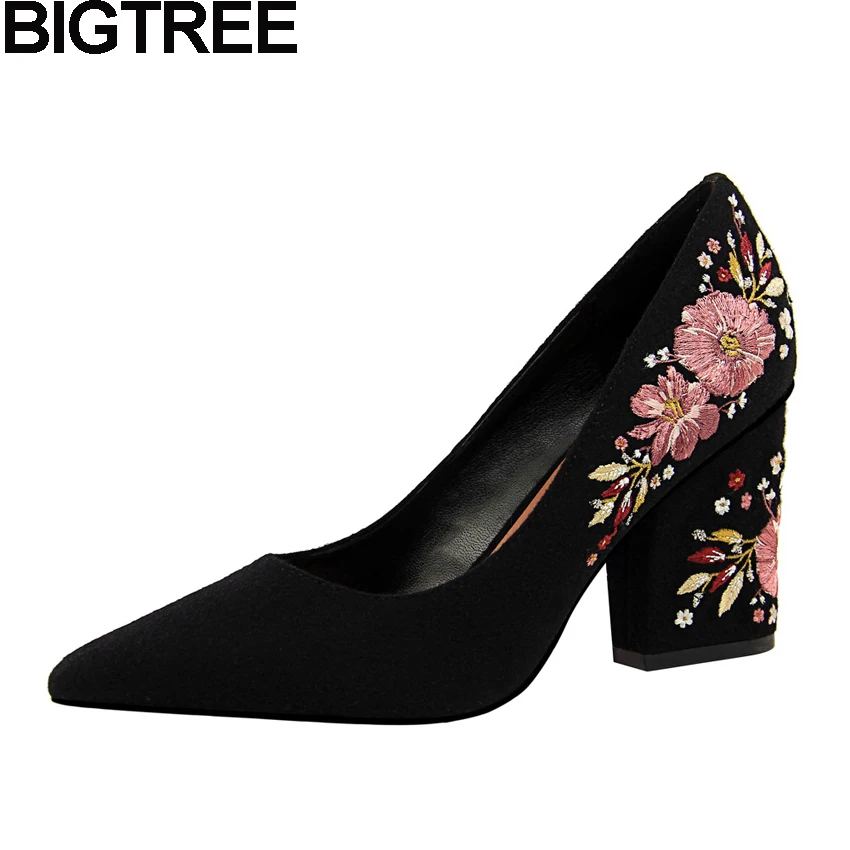 BIGTREE Bohemia Women Pumps Pointed Toe Flock Floral Flower Embroidered Shoes Woman Thick Square Block High Heels Wedding Shoes