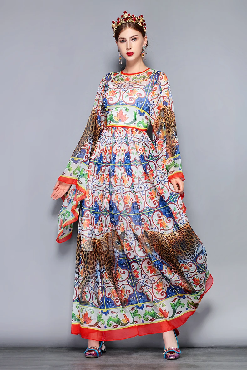 Женское объемное платье LD LINDA DELLA, летнее длинное цветное платье больших размеров с расширяющимся книзу рукавом, платье с принтом животных и цветочным принтом
