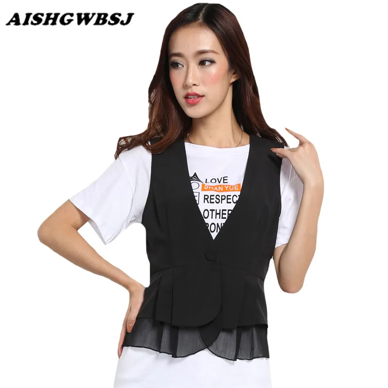 AISHGWBSJ Fashion Woman V neck Single Button Vest Female Sleeveless Black White Casual Thin