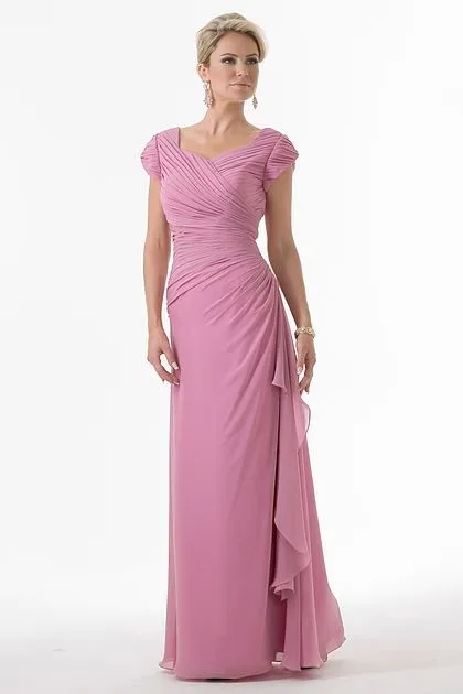 Cecelle 2019 пыльно розовый скромный шифон Длинные свадебные платья кепки рукава Ruched V образным вырезом пол дешевые платья для свадебной