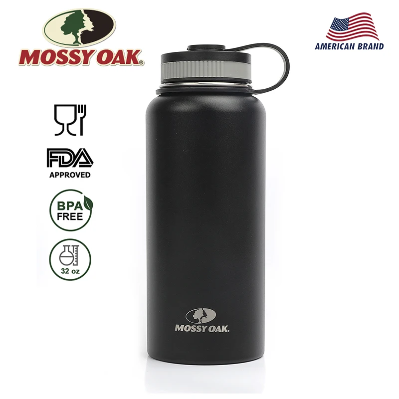 Baratos Botella de agua deportiva de roble musgoso de 32 Oz, botella de doble pared a prueba de fugas de boca ancha aislada al vacío de acero inoxidable con 3 tapas