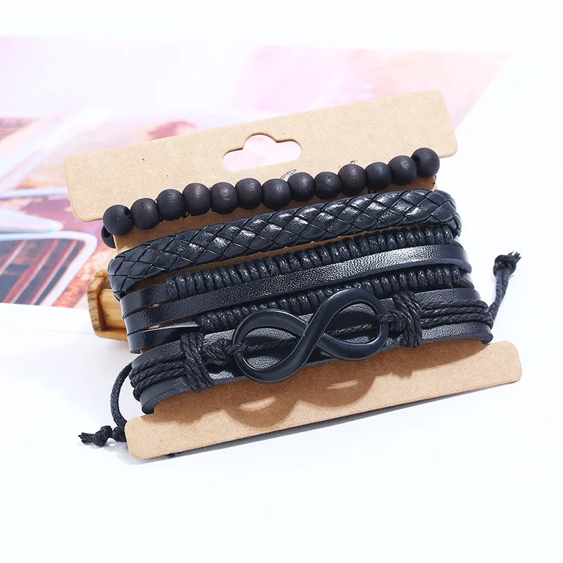 Винтажные модные браслеты с подвесками в стиле панк из натуральной кожи Бесконечность бусины ручной работы черные браслеты ювелирные изделия
