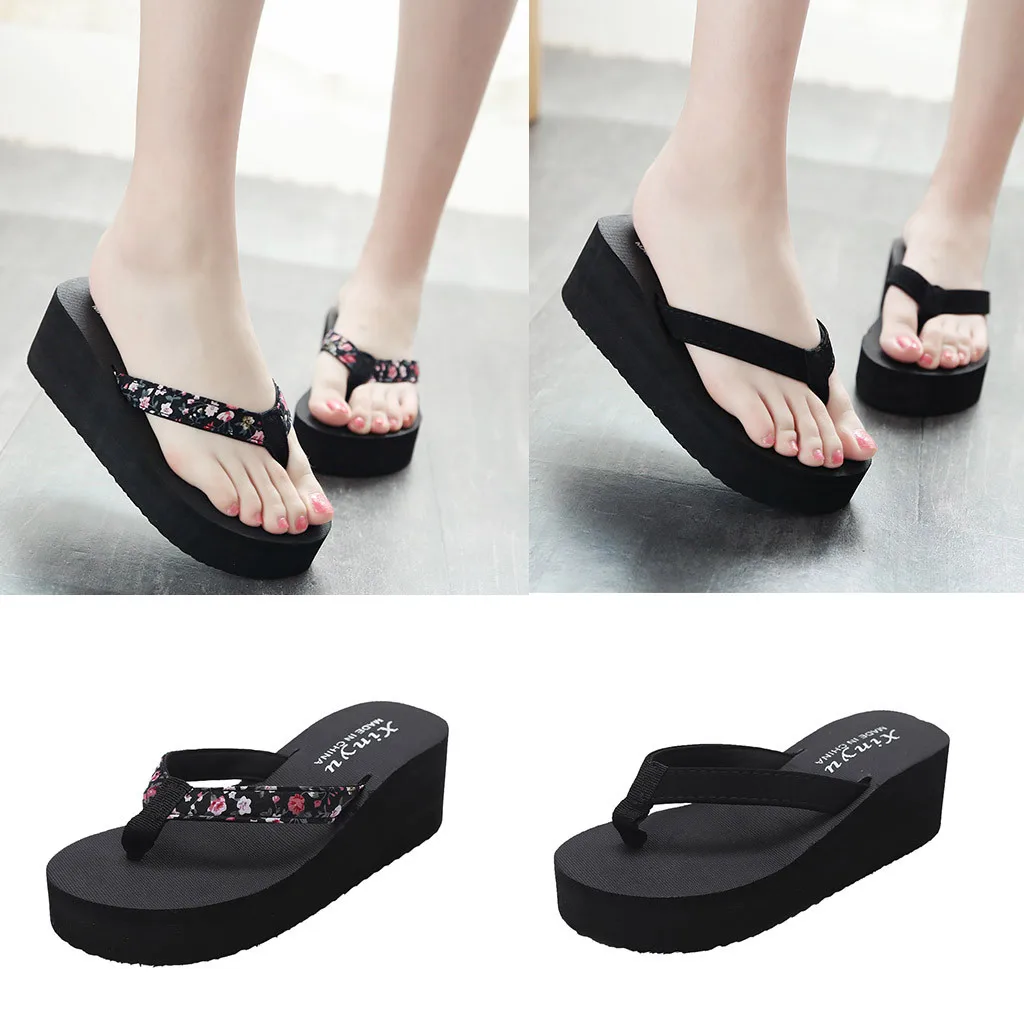 

Super high heel bow ladies flip flops summer non-slip thick bottom wedges muffin beach sandals and slippers
