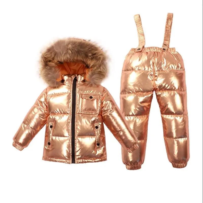 Водонепроницаемые комплекты одежды на утином пуху для русской зимы-40 Детский комплект из 2 предметов с капюшоном и воротником из натурального меха, теплые лыжные костюмы для девочек - Цвет: Gold