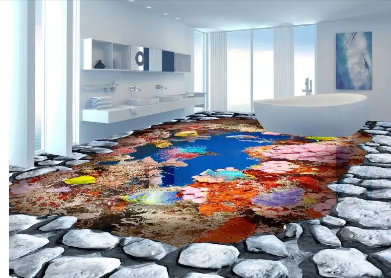 

2018 3d flooring Sea coral reef self-adhesive wallpaper 3d floor painting wallpaper stereoscopic 3d mural bathroom floor