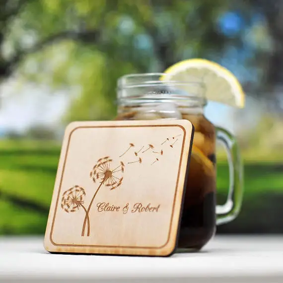 

Personalized Laser Engraved Wooden Coaster With Dandelions Design