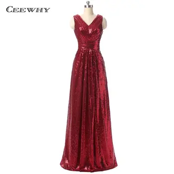 

CEEWHY Burgundy Floor Length V-Neck Sequin Black Evening Dress Long Bride Banquet Elegant Criss-Cross Prom Dress Robe de Soiree