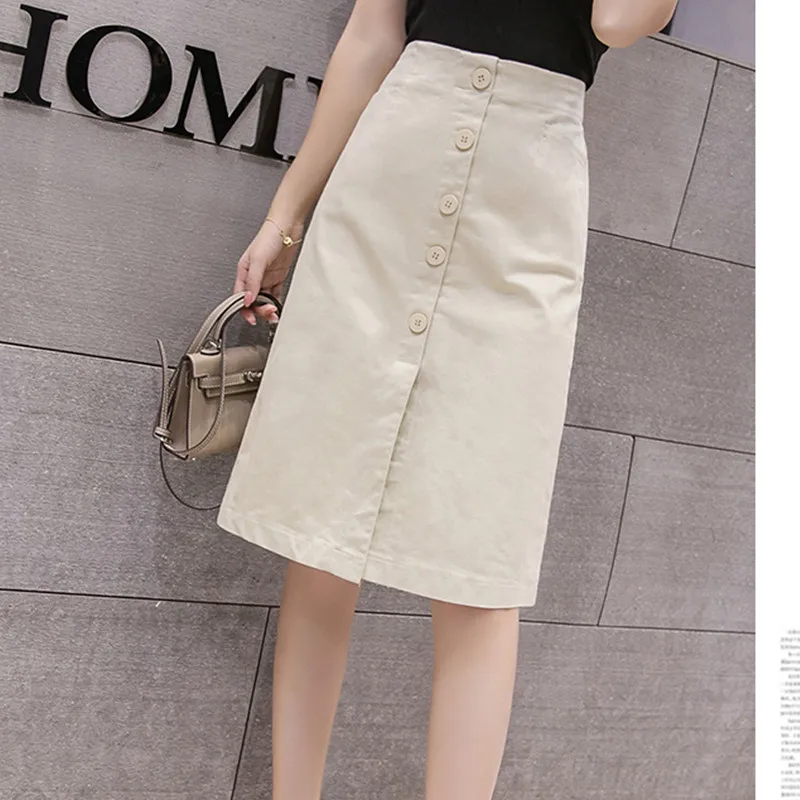 

JUJULAND Summer Autumn Skirts Womens Midi Knee Length Korean Elegant Button High Waist Skirt Female School Skirt 6658
