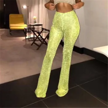 

Ladies' Bell Bottom New Soild Color Casual Long Pants Sequins Women High Waisted Clubwear Party Trousers Summer Fashion Hot Sale