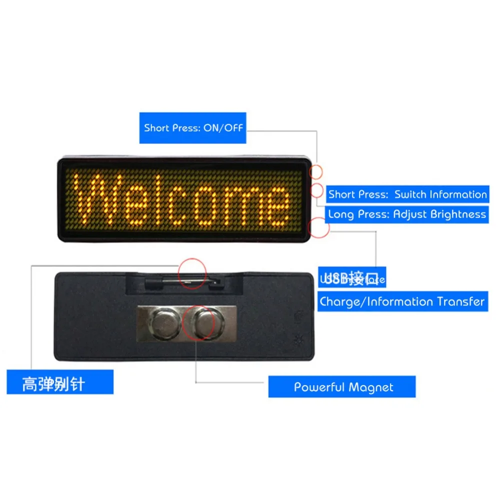 7 Colors Programmable Mini LED Digital Rechargeable Scrolling Name Message Tag Sign Adjustable 4 levels Brightness Chest Card