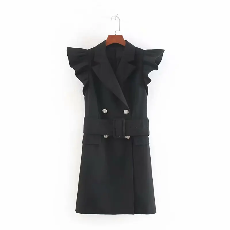 

New women elegant solid color double breasted office wear mini dress female pleated ruffles vestidos chic sashes dresses DS2600
