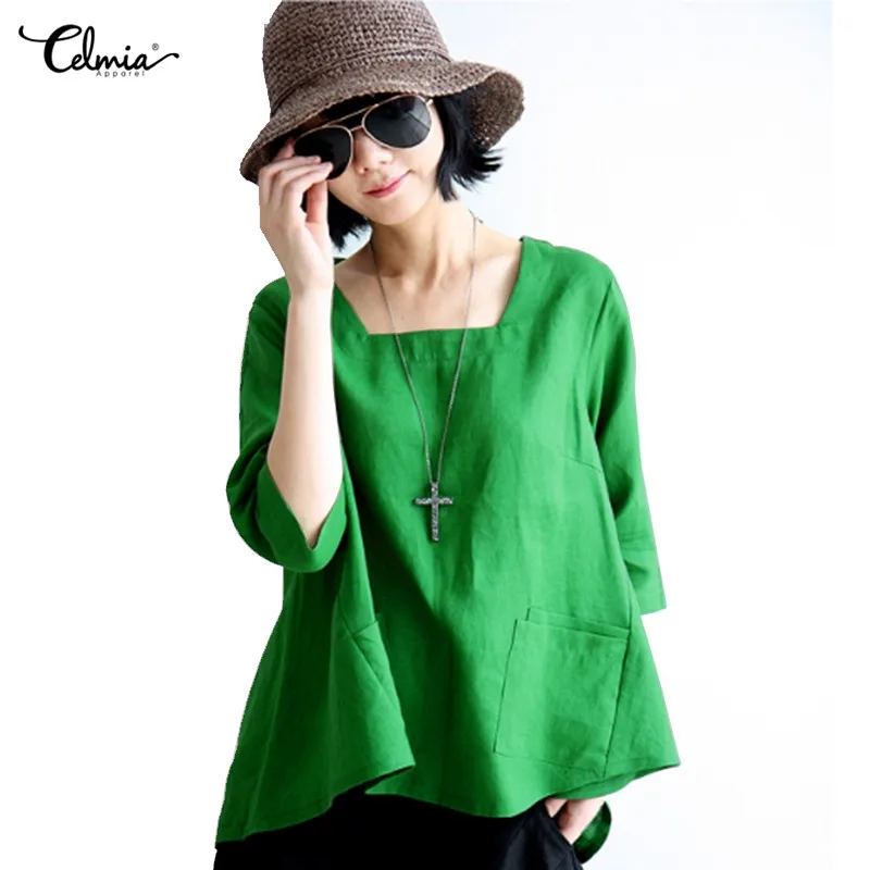 

Celmia Women Square Neck Blouse Vintage Linen Tops 3/4 Sleeve Pockets Solid Loose Work Office Asymmetric Casual Shirt Plus Size