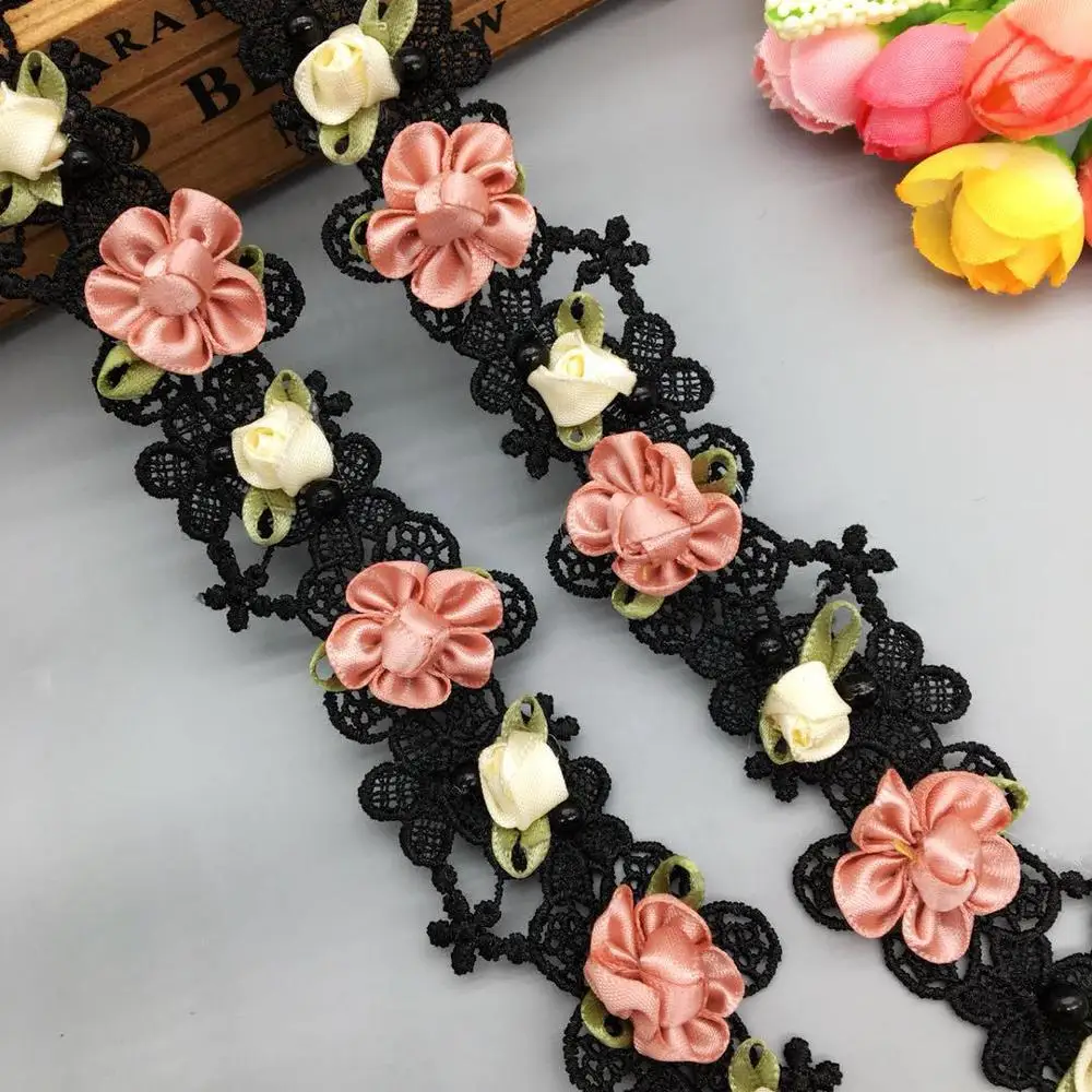 Elegant Rose Pearl Beaded Lace Trim Ribbon
