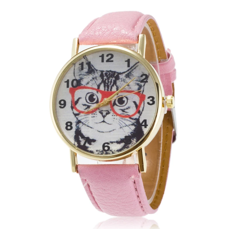 Fashion Womens Ladies Dial Watch Cute Lovely Cat Pattern Casual Faux Leather Band Quartz Analog Dress Students Wrist Watch Clock