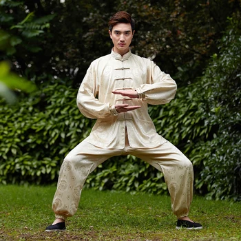 

Vintage Beige Chinese Men's Kung fu Uniform Satin Tai Chi Suit Long Sleeve Suit XXS XS S M L XL XXL XXXL 2526