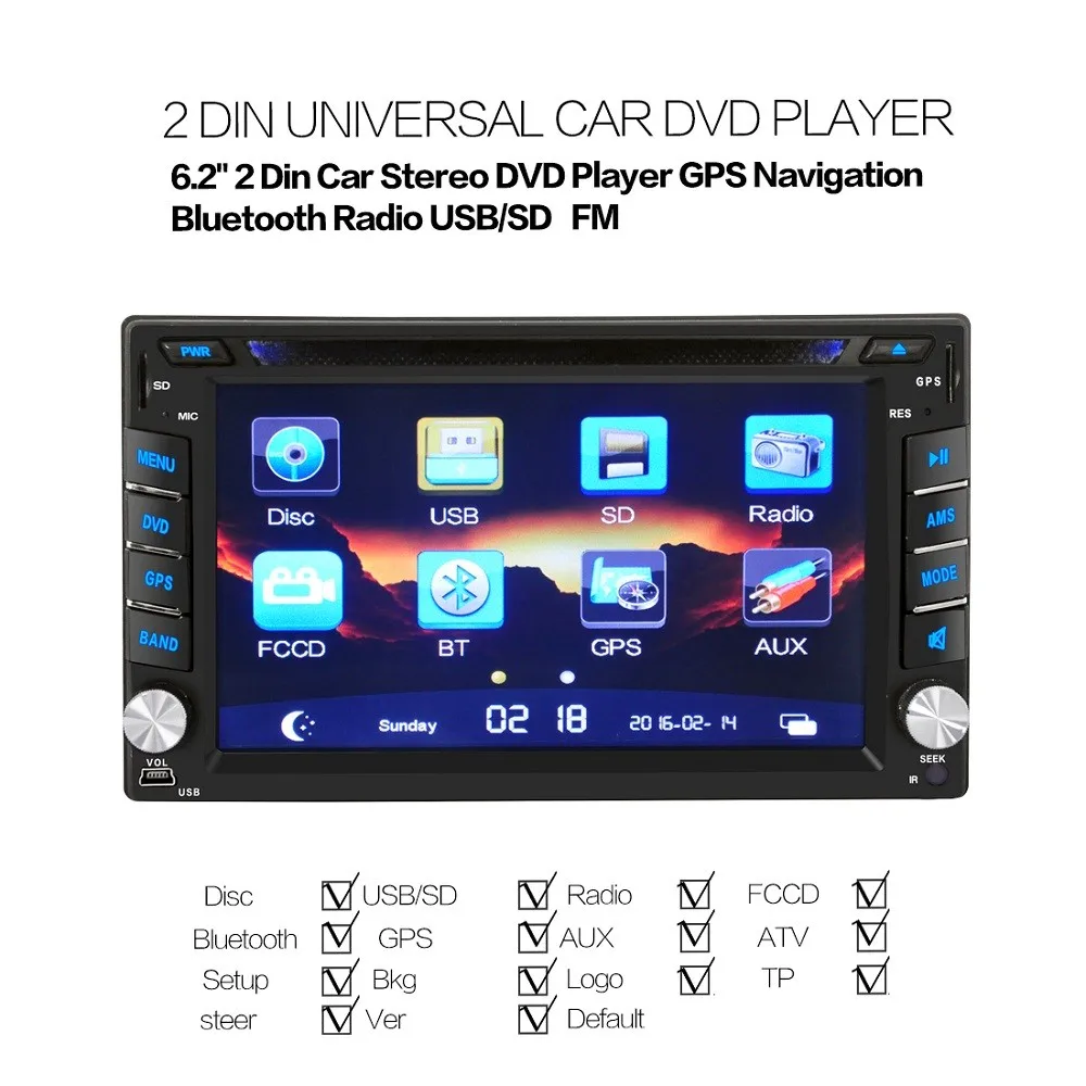 Universal Double Din Car Video Player 2 Din Car DVD Player 6.2 inch DVD