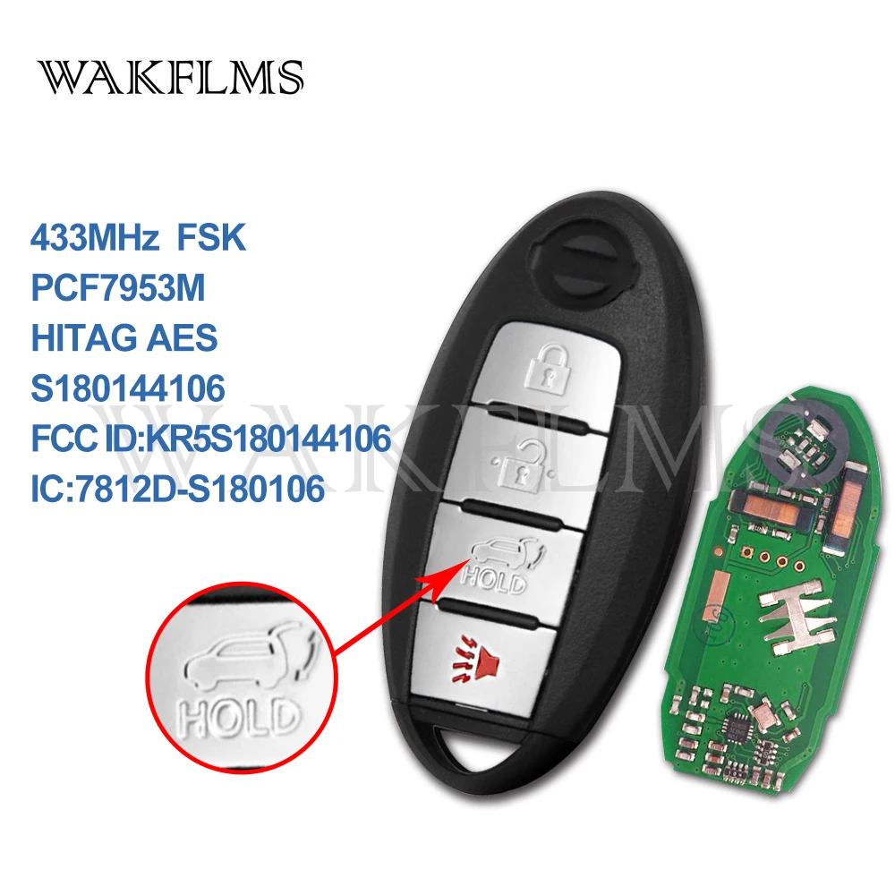 

4 buttons smart card key 433MHz for Nissan Rogue US X-Trail South Asia 2014 2015 2016 with PCF7953 HITAG AES chip KR5S180144106