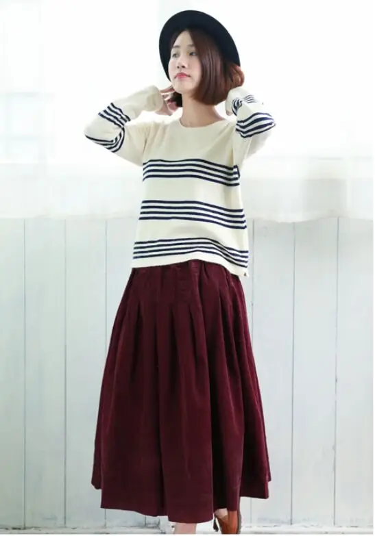 Literature Plus Size Style Corduroy Skirt Mid-length Vintage Loose A-line Type Skirt Elastic Waist Pleated Bubble Long Skirt 10