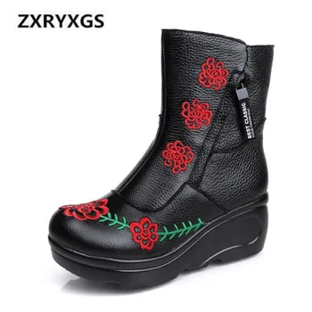 

2019 New Fashion Elegant Autumn Winter Boots Embroidered Genuine Leather boots Increase Wedges Warm Snow Shoes Women Shoes Boots