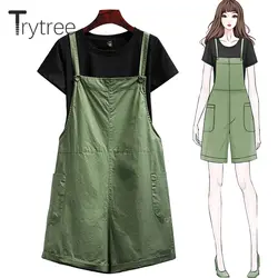 Trytree летние женский костюм из двух предметов однотонные повседневные с круглым вырезом Топы + комбинезоны карман слинг шорты стиль сафари